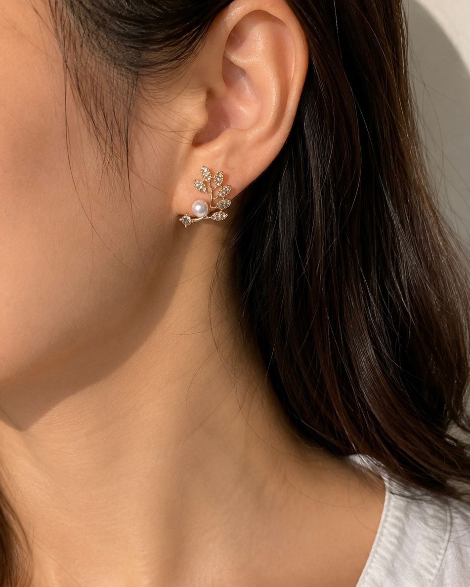 Pearl Leaf Ear Climber Earrings