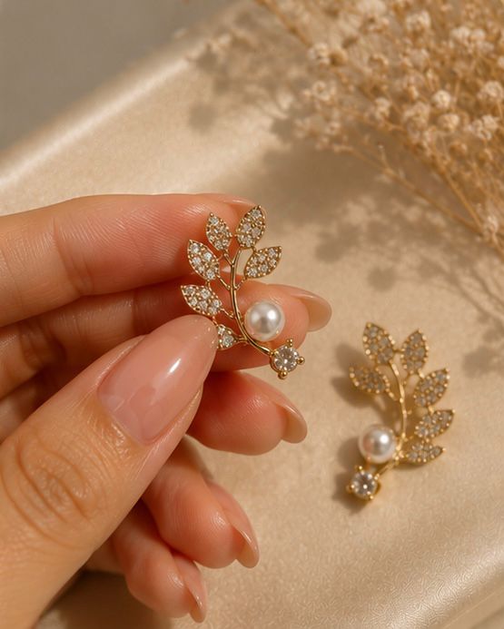 Pearl Leaf Ear Climber Earrings