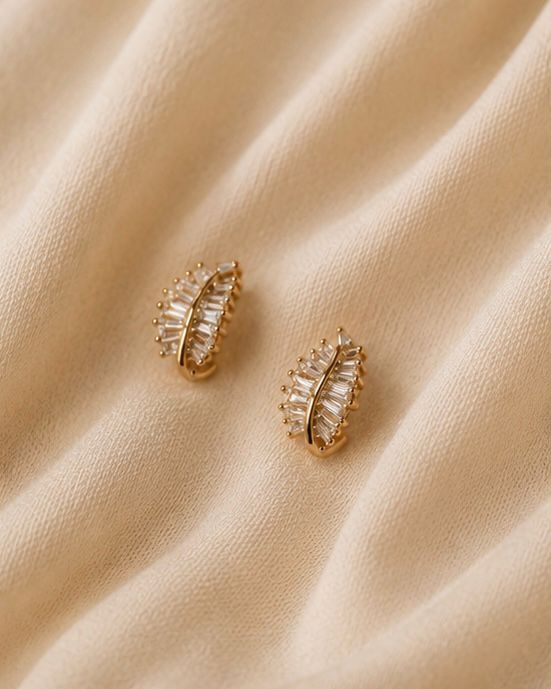 Golden Leaf Crystal Stud Earrings