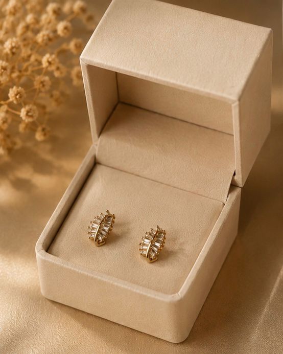 Golden Leaf Crystal Stud Earrings