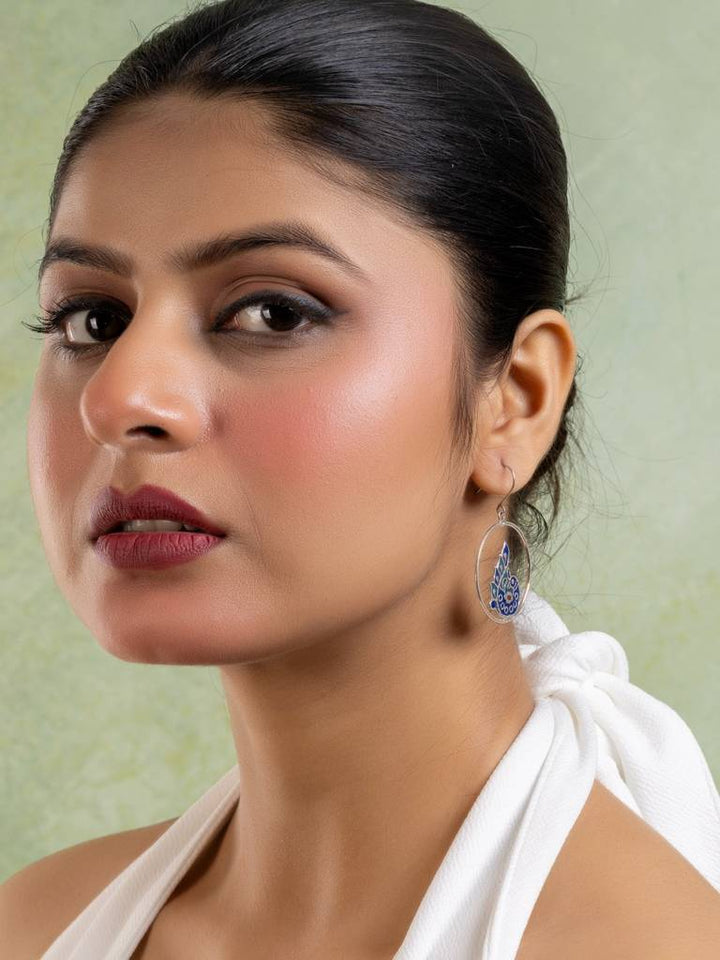 Silver Blue Red Peacock Meenakari Enamel Earring