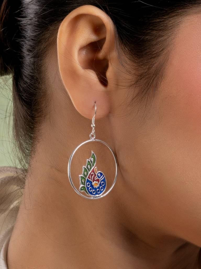 Silver Blue Red Peacock Meenakari Enamel Earring