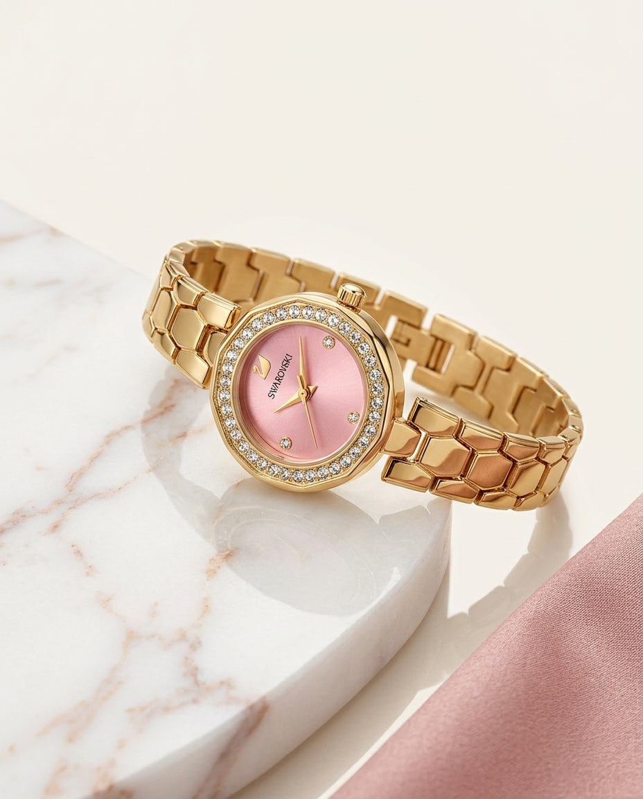 Luxury Gold Diamond Women’s Watch with Pink Dial